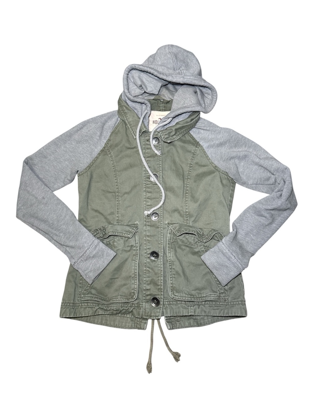 Hollister Olive Green Hooded Utility Jacket Women XS Military Button Y2K Grunge